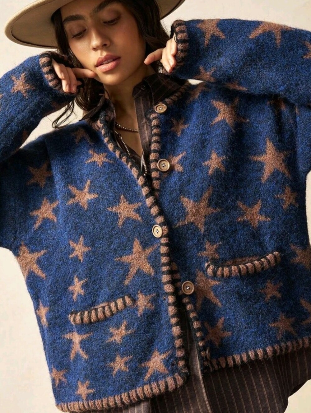 Women's Casual Star Jacquard Fuzzy Knit Cardigan,90s Retro Loose Long S - Picture 2 of 5